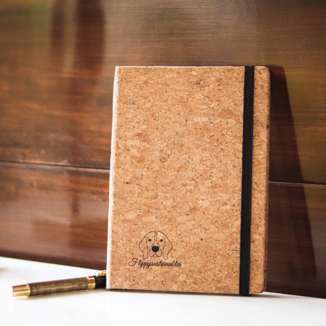 A5 Cork Journal by flippysustainables with an elastic closure and bookmark | Buy Sustainable | Eco-friendly Journal | Acid free paper | Ruled Journal for School, College, notes, to-do list, office supplies | eco stationery