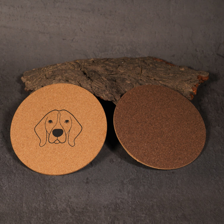 Shop Now! Amber coasters dual color- coffee and natural cork shade- mascot- flipper the beagle- vegan cork coasters- suitable for all beverages- table coasters