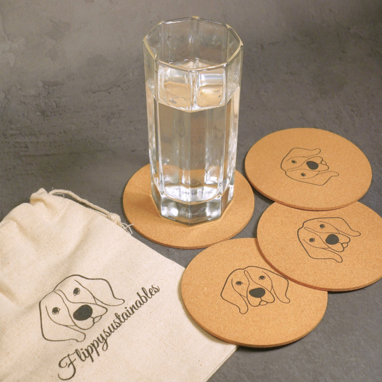 thin cork coasters with beagle mascot on top, durable, water resistant, bendable, amber coasters for home, office, tea, coffee, dining table | Flippysustainables