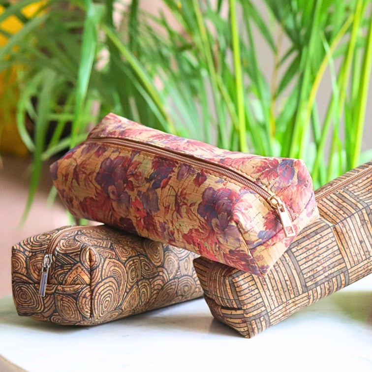 natural cork leather travel friendly fusion pouch by flippysustainables | 100% vegan leather | stationery pouch | travel pouch | utility pouch | cosmetic pouch | zip pouch | designer pouch | aesthetic | pouch