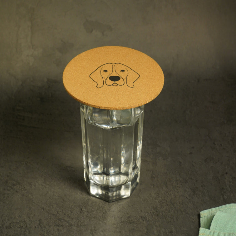 Amber Coaster: flipper the beagle mascot cork coaster by flippysustainables | thin-water resistant- lightweight-aesthetic-perfect for corporate gifting- best coaster for hot and cold beverages