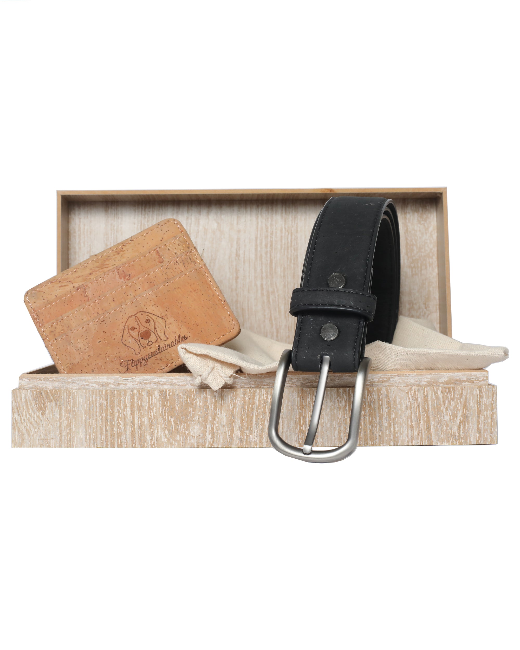 gift hamper for him: premium vegan leather black dune belt and beige cardholder | customized combo surprise gift box by flippysustainables | fit for corporate gifting for clients and colleagues