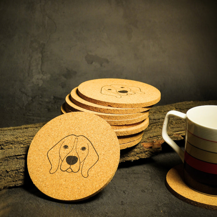 Shop Now! Autumn coasters natural cork- set of 6- mascot- flipper the beagle- vegan cork coasters- suitable for all beverages- table coasters