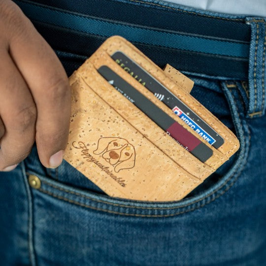 hand holding slim and compact card holder wallet with six pockets | branded cardholder by flippysustainables | Canyon cardholder men & women | eco friendly cork leather