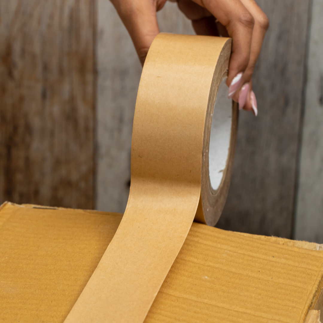 Various packing tape rolls displaying their widths and sizes | biodegradable paper adhesive tape | carton tape.			