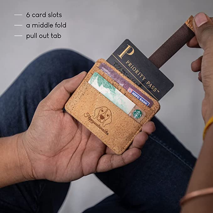 cork leather premium cardholder with strap opening, pull out tab and 6 card pockets | Canyon cardholder wallets by flippysustainables