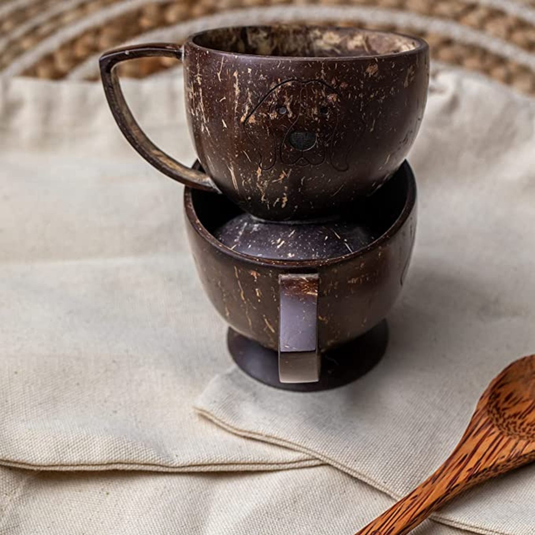 Green Planet Product List - Natural coconut shell cups for a sustainable lifestyle. Natural coconut shell cup - Sturdy and durable unique mug set made from coconut shells.