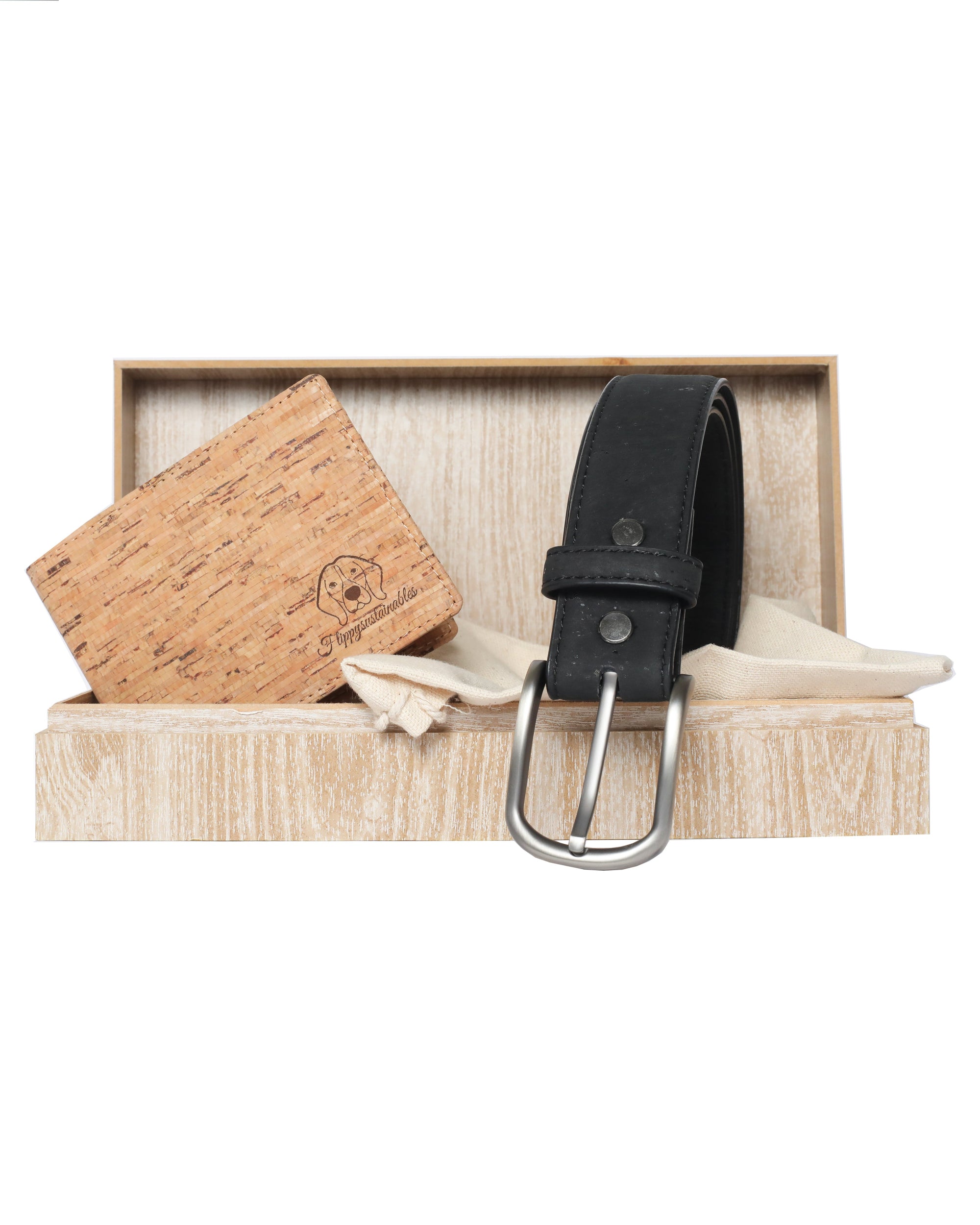 gift hamper for him: premium vegan leather black dune belt and beige ravine wallet | customized combo surprise gift box by flippysustainables | fit for corporate gifting for clients and colleagues 			
