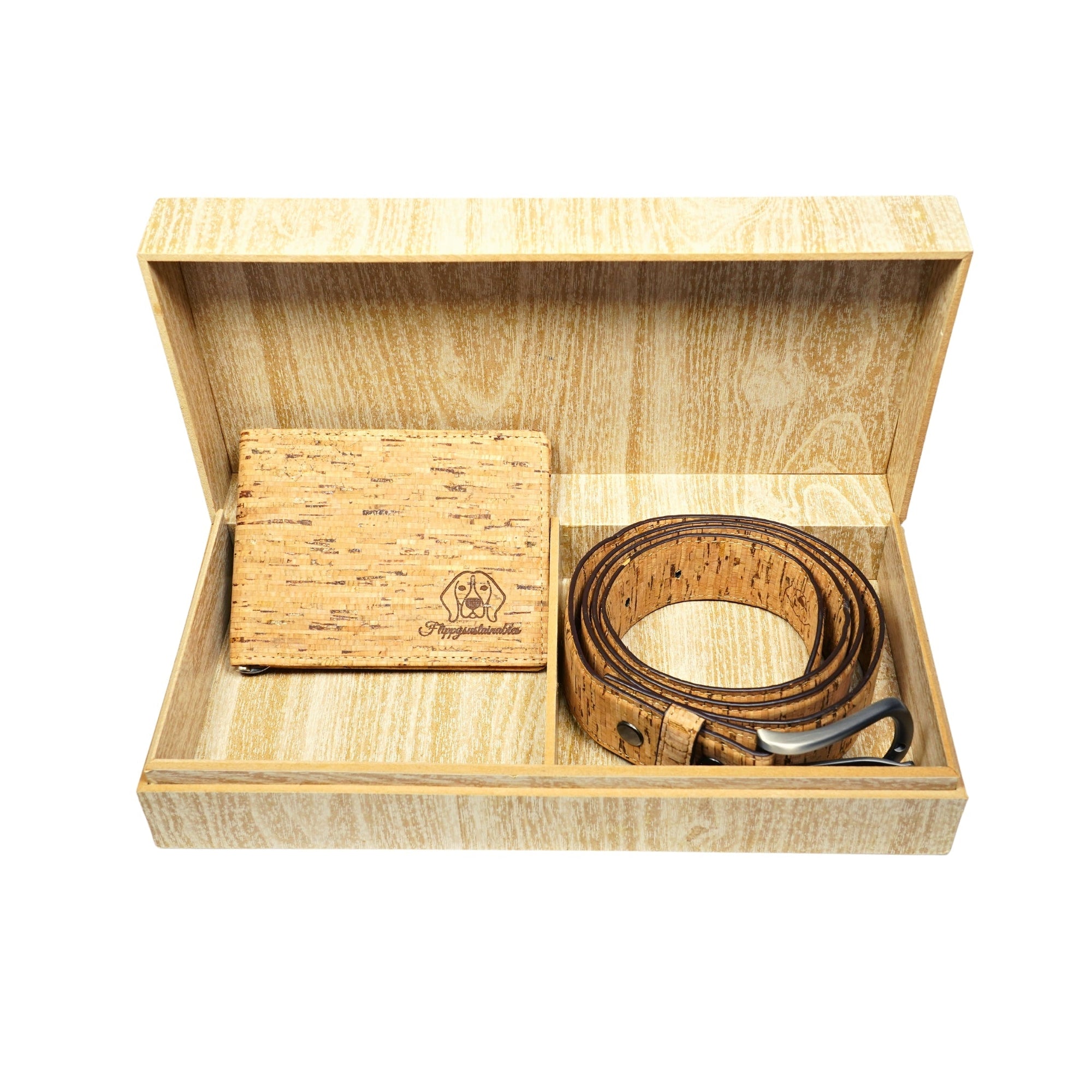 wooden gift box: gift hamper for him: premium vegan leather black dune belt and beige ravine wallet | customized combo surprise gift box by flippysustainables | fit for corporate gifting for clients and colleagues 			