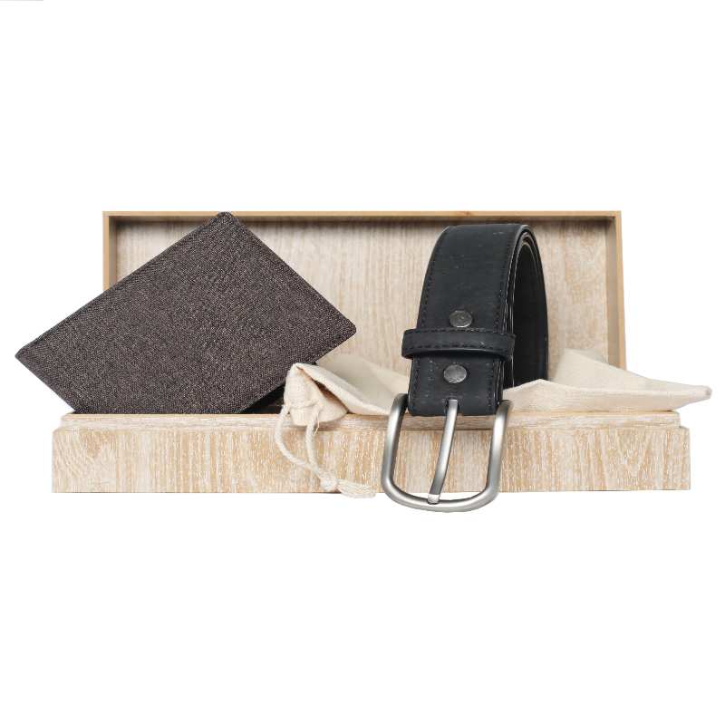 gift hamper for him: premium vegan leather black dune belt and black forest wallet | customized combo surprise gift box by flippysustainables | fit for corporate gifting for clients and colleagues